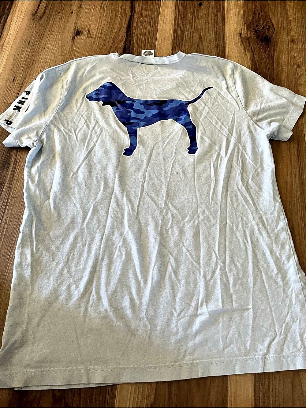 PINK Victoria's Secret Y2K Light Blue Camo Dog Logo Crew Neck Pocket Tee M